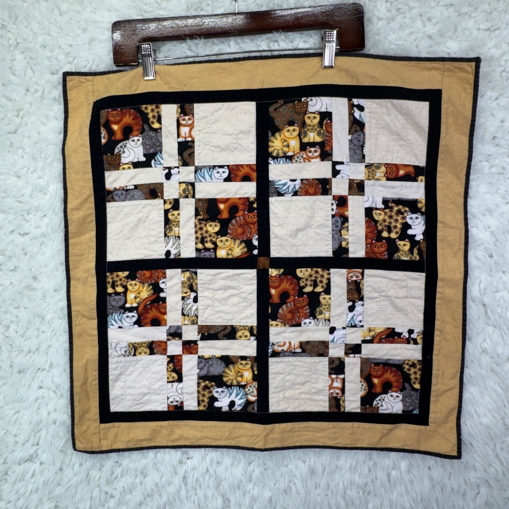 Unbranded Handmade Quilt Wall Hanging 23x23 Multicolor Cat Patchwork Folk Art